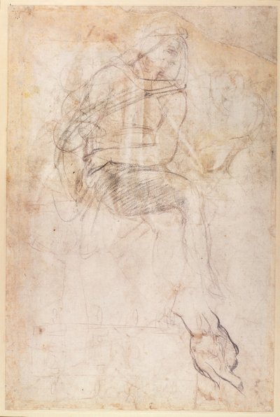 Studie voor de Ignudi boven de Perzische Sibyl in de Sixtijnse Kapel, 1508-12 (verso) door Michelangelo Buonarroti